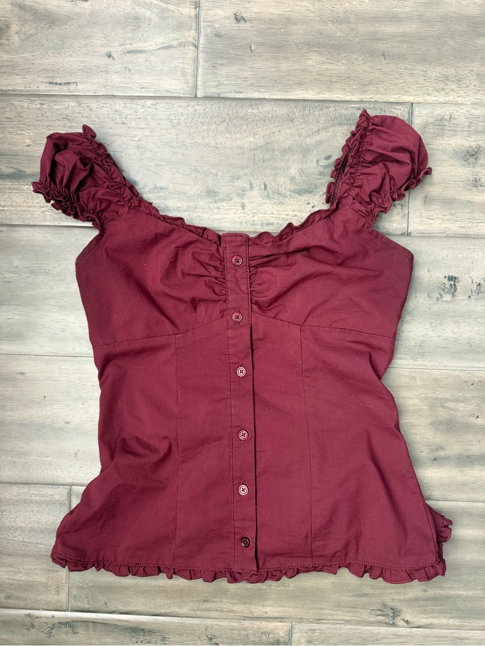 Hollister Talia Top Burgundy Ruffle-Trim Button Front top